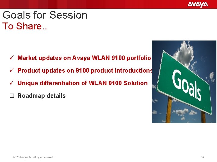 Goals for Session To Share. . ü Market updates on Avaya WLAN 9100 portfolio Goals for Session To Share. . ü Market updates on Avaya WLAN 9100 portfolio