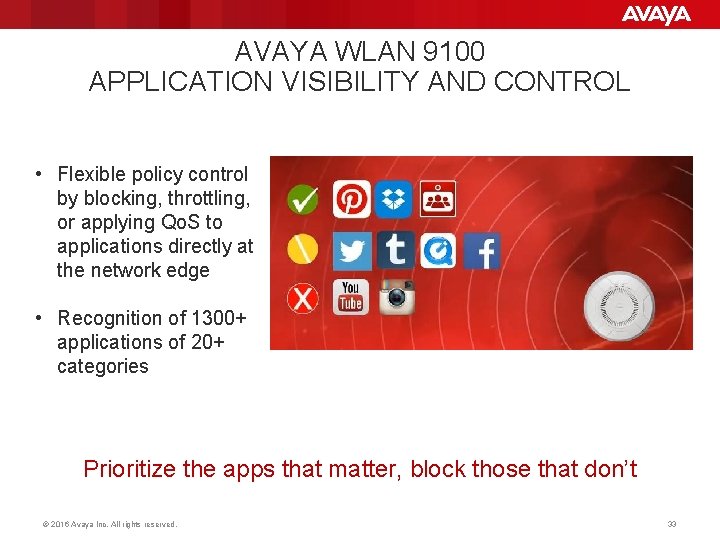 AVAYA WLAN 9100 APPLICATION VISIBILITY AND CONTROL • Flexible policy control by blocking, throttling, AVAYA WLAN 9100 APPLICATION VISIBILITY AND CONTROL • Flexible policy control by blocking, throttling,