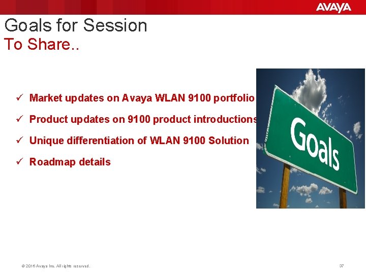 Goals for Session To Share. . ü Market updates on Avaya WLAN 9100 portfolio Goals for Session To Share. . ü Market updates on Avaya WLAN 9100 portfolio