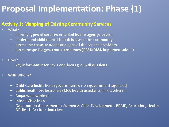 Proposal Implementation: Phase (1) Activity 1: Mapping of Existing Community Services • What? –