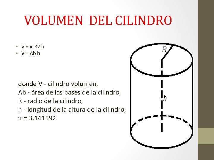 VOLUMEN DEL CILINDRO • V = π R 2 h • V = Ab