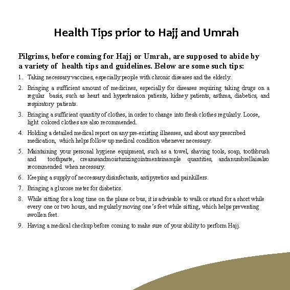 Health Tips prior to Hajj and Umrah Pilgrims, before coming for Hajj or Umrah, Health Tips prior to Hajj and Umrah Pilgrims, before coming for Hajj or Umrah,