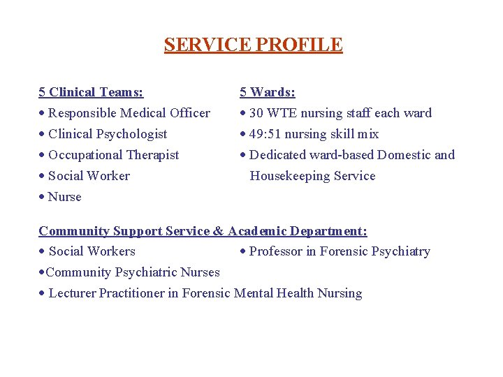 SERVICE PROFILE 5 Clinical Teams: Responsible Medical Officer 5 Wards: 30 WTE nursing staff
