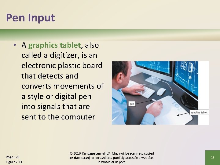 Pen Input • A graphics tablet, also called a digitizer, is an electronic plastic