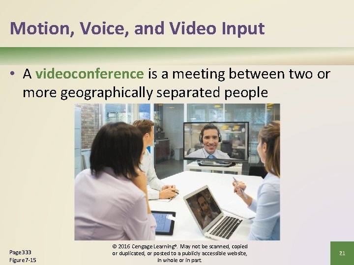 Motion, Voice, and Video Input • A videoconference is a meeting between two or