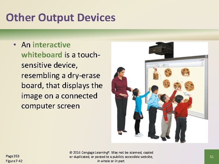 Other Output Devices • An interactive whiteboard is a touchsensitive device, resembling a dry-erase