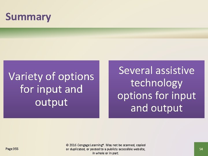 Summary Variety of options for input and output Page 355 Several assistive technology options