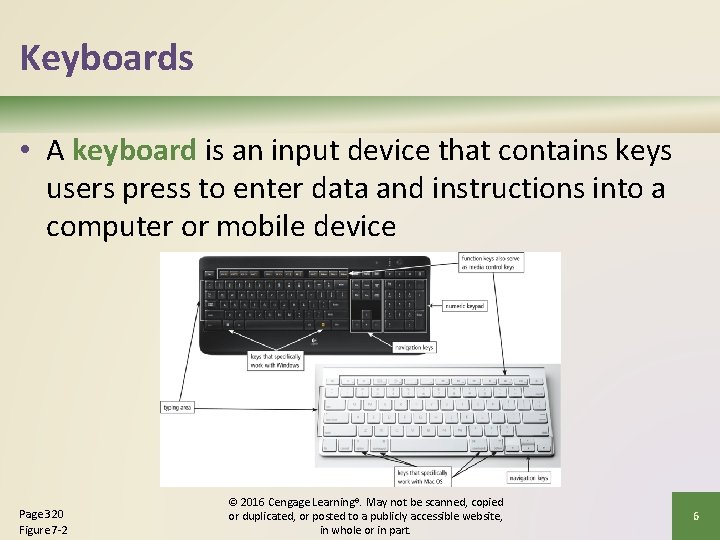 Keyboards • A keyboard is an input device that contains keys users press to