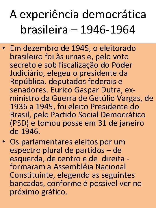A experiência democrática brasileira – 1946 -1964 • Em dezembro de 1945, o eleitorado