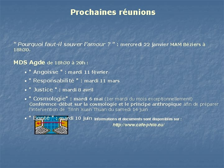 Prochaines réunions " Pourquoi faut-il sauver l'amour ? " : mercredi 22 janvier MAM Prochaines réunions " Pourquoi faut-il sauver l'amour ? " : mercredi 22 janvier MAM