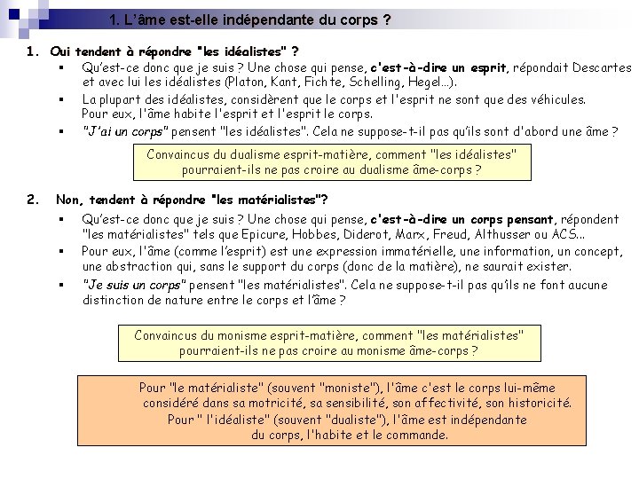 1. L’âme est-elle indépendante du corps ? 1. Oui tendent à répondre ‘’les idéalistes’’ 1. L’âme est-elle indépendante du corps ? 1. Oui tendent à répondre ‘’les idéalistes’’