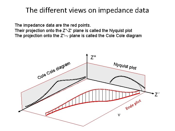 The different views on impedance data The impedance data are the red points. Their