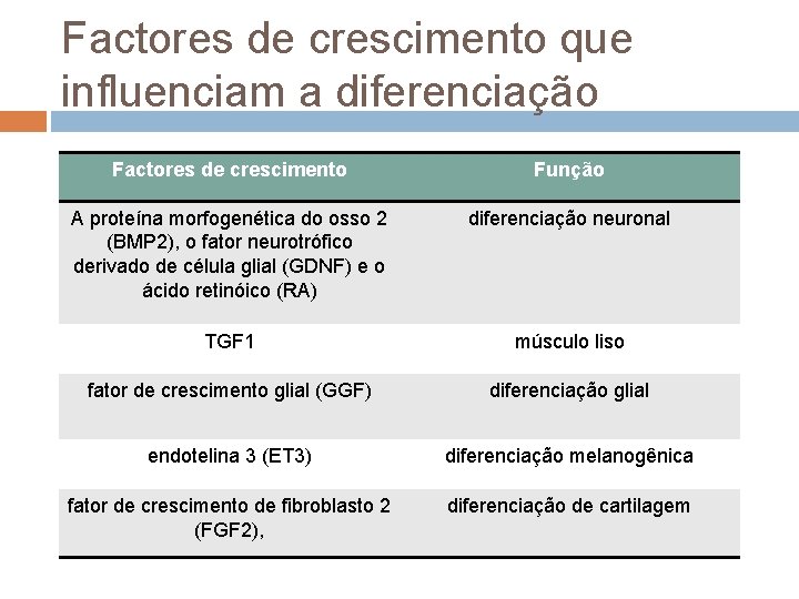 Factores de crescimento que influenciam a diferenciação Factores de crescimento Função A proteína morfogenética