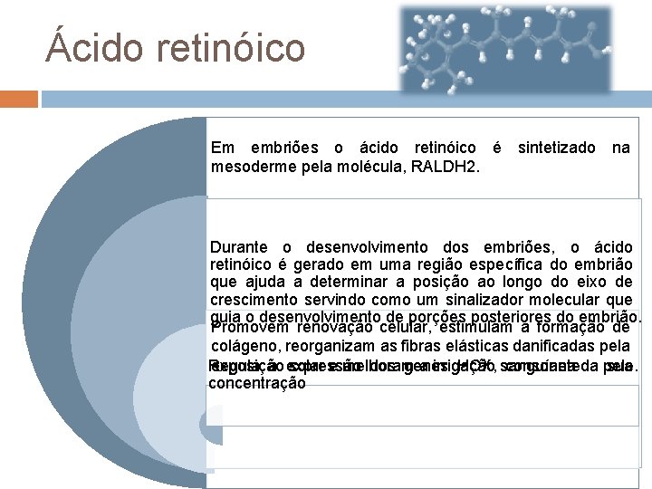 Ácido retinóico Em embriões o ácido retinóico é sintetizado na mesoderme pela molécula, RALDH