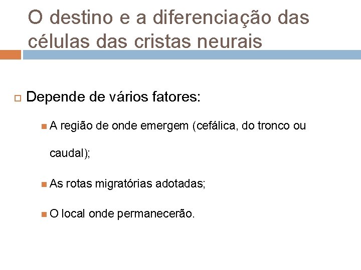 O destino e a diferenciação das células das cristas neurais Depende de vários fatores: