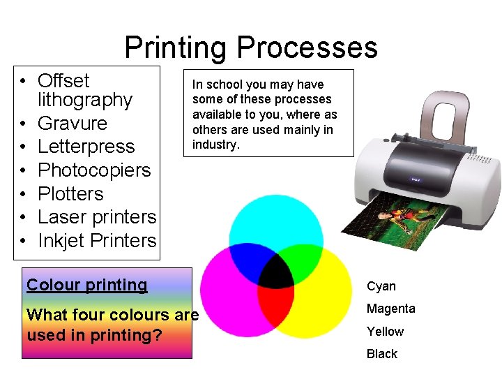 Printing Processes • Offset lithography • Gravure • Letterpress • Photocopiers • Plotters • Printing Processes • Offset lithography • Gravure • Letterpress • Photocopiers • Plotters •
