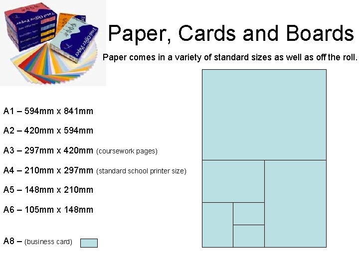 Paper, Cards and Boards Paper comes in a variety of standard sizes as well Paper, Cards and Boards Paper comes in a variety of standard sizes as well