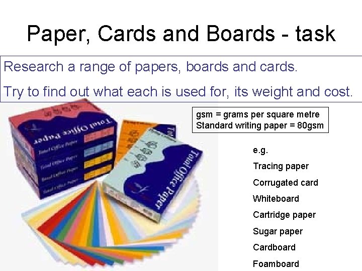 Paper, Cards and Boards - task Research a range of papers, boards and cards. Paper, Cards and Boards - task Research a range of papers, boards and cards.