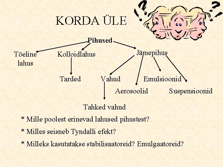 KORDA ÜLE Pihused Tõeline lahus Jämepihus Kolloidlahus Tarded Vahud Emulsioonid Aerosoolid Suspensioonid Tahked vahud