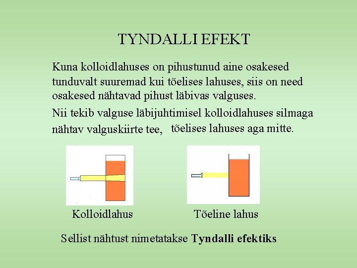 TYNDALLI EFEKT Kuna kolloidlahuses on pihustunud aine osakesed tunduvalt suuremad kui tõelises lahuses, siis