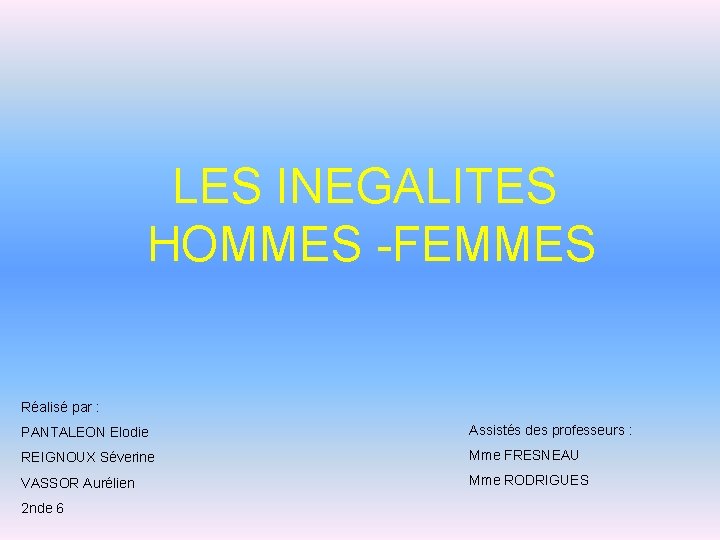 LES INEGALITES HOMMES -FEMMES Réalisé par : PANTALEON Elodie Assistés des professeurs : REIGNOUX