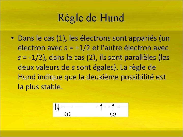 Règle de Hund • Dans le cas (1), les électrons sont appariés (un électron