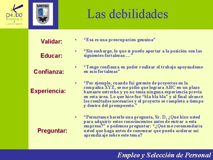 Las debilidades Validar: Educar: Confianza: • “Esa es una preocupación genuina” • “Sin embargo,