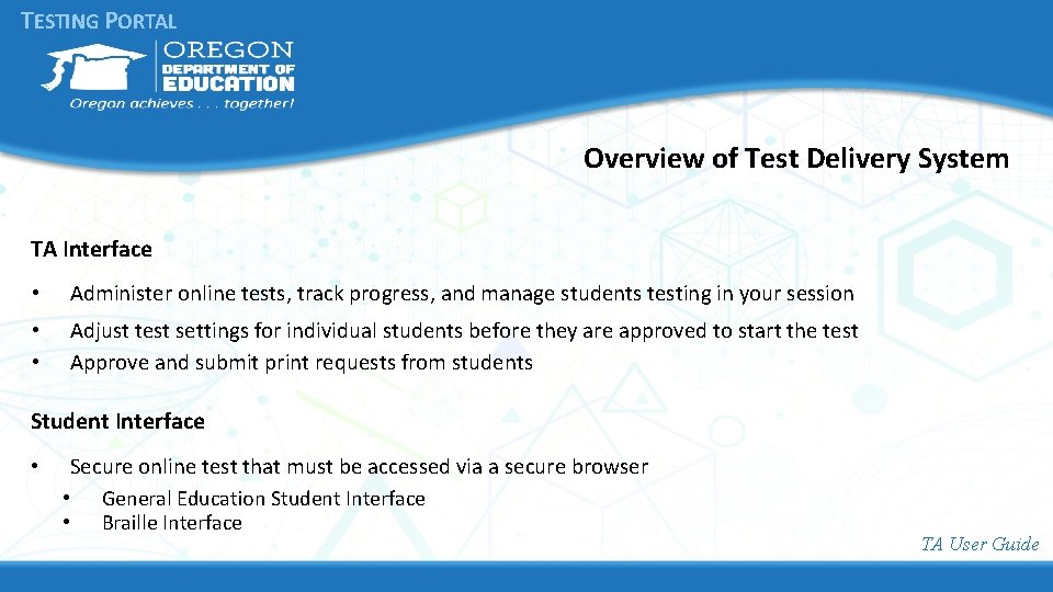 TESTING PORTAL Overview of Test Delivery System TA Interface • Administer online tests, track