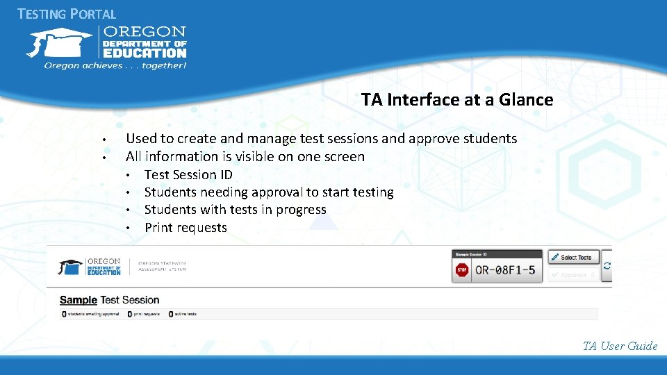 TESTING PORTAL TA Interface at a Glance • • Used to create and manage