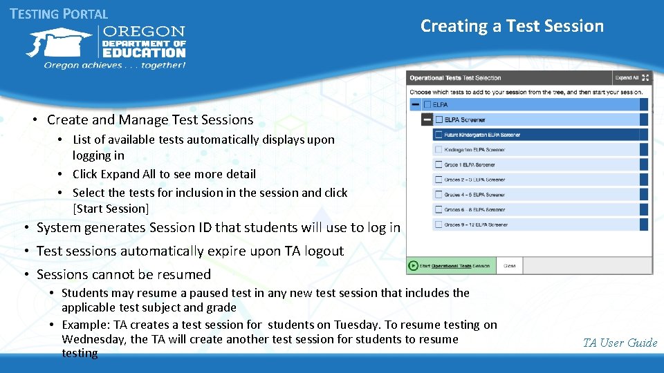 TESTING PORTAL Creating a Test Session • Create and Manage Test Sessions • List