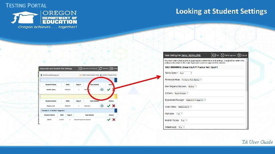 TESTING PORTAL Looking at Student Settings TA User Guide 