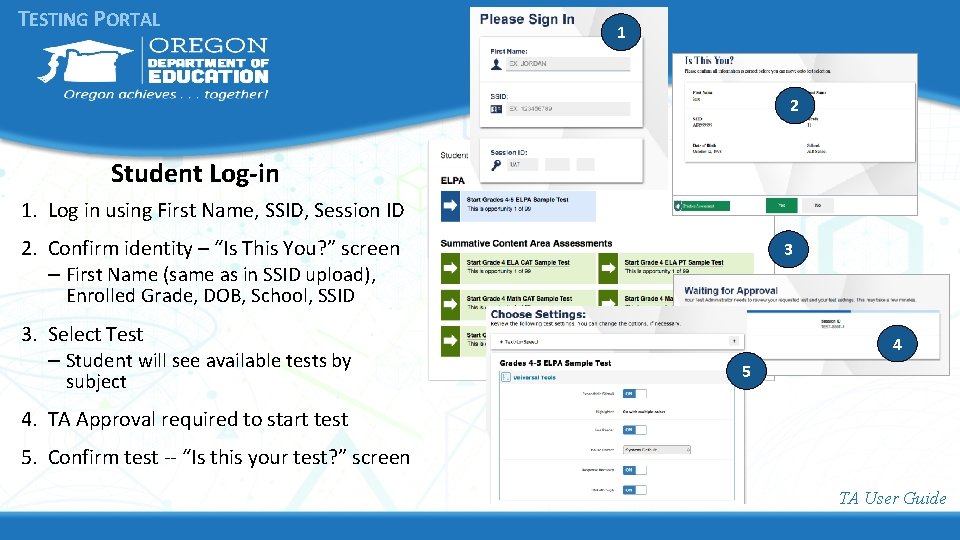 TESTING PORTAL 1 2 Student Log-in 1. Log in using First Name, SSID, Session TESTING PORTAL 1 2 Student Log-in 1. Log in using First Name, SSID, Session