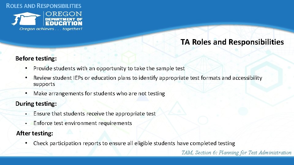 ROLES AND RESPONSIBILITIES TA Roles and Responsibilities Before testing: • Provide students with an