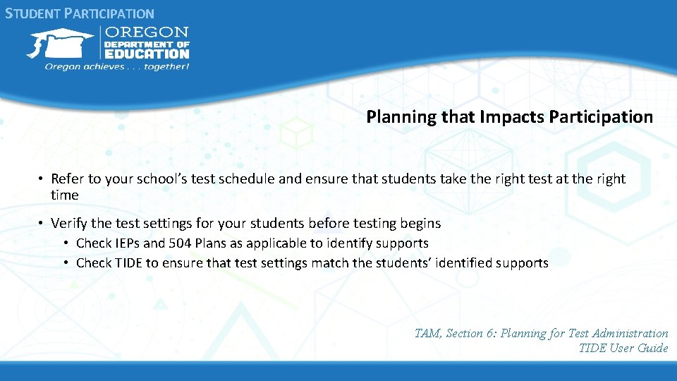STUDENT PARTICIPATION Planning that Impacts Participation • Refer to your school’s test schedule and