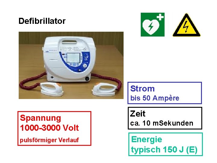 Defibrillator Strom bis 50 Ampère Spannung 1000 -3000 Volt pulsförmiger Verlauf Zeit ca. 10