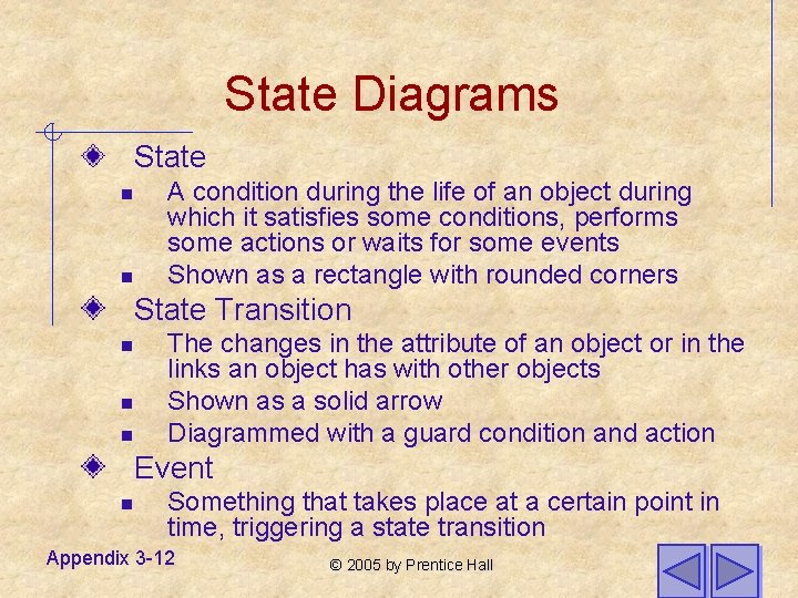 State Diagrams State n n A condition during the life of an object during