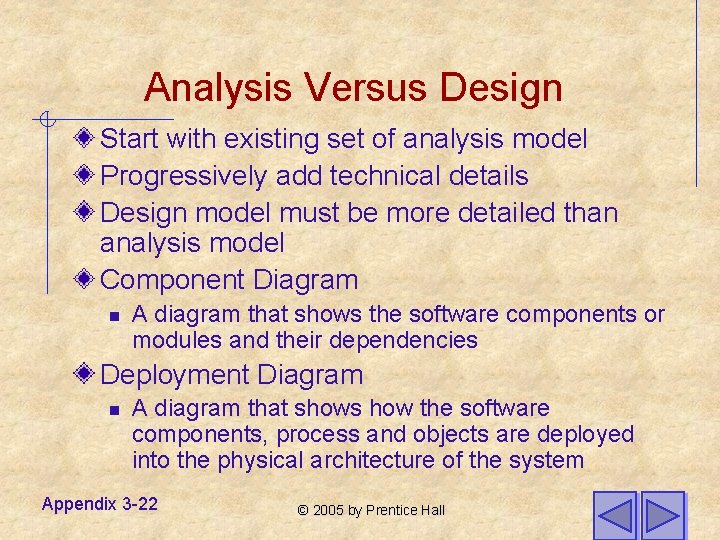 Analysis Versus Design Start with existing set of analysis model Progressively add technical details