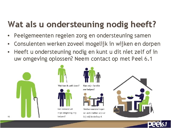 Wat als u ondersteuning nodig heeft? • Peelgemeenten regelen zorg en ondersteuning samen •