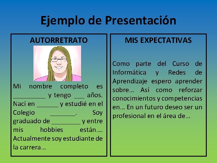 Ejemplo de Presentación AUTORRETRATO Mi nombre completo es _____ y tengo ___ años. Nací