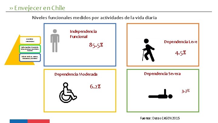 ›› Envejecer en Chile Niveles funcionales medidos por actividades de la vida diaria Avanzadas: