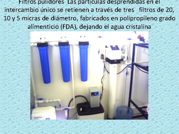 Filtros pulidores Las partículas desprendidas en el intercambio único se retienen a través de