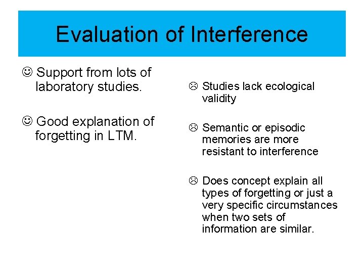 Evaluation of Interference Support from lots of laboratory studies. Good explanation of forgetting in