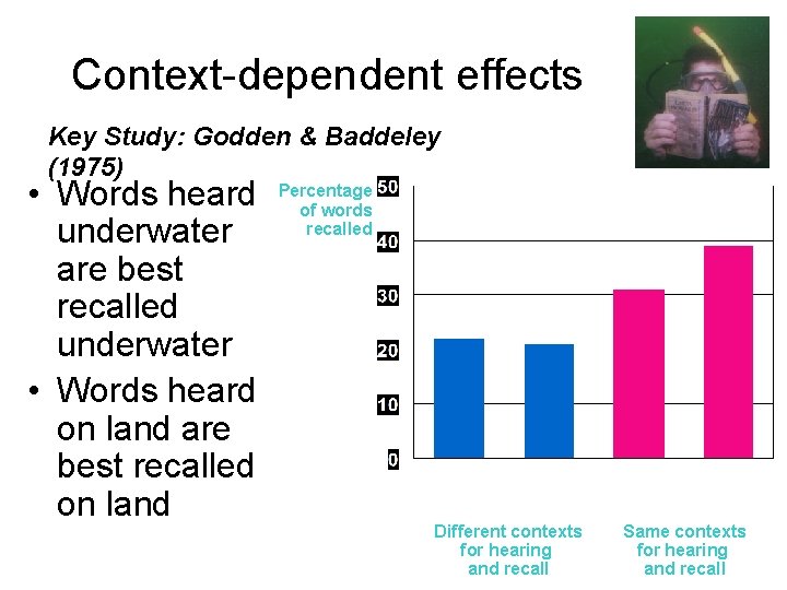 Context-dependent effects Key Study: Godden & Baddeley (1975) • Words heard underwater are best