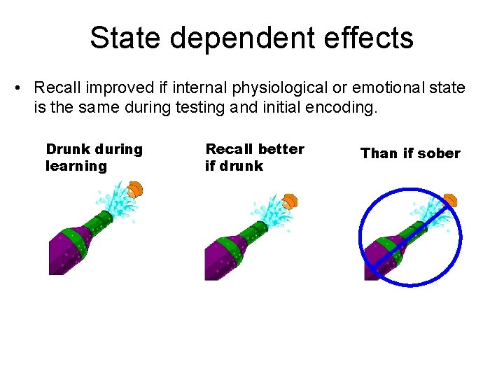 State dependent effects • Recall improved if internal physiological or emotional state is the