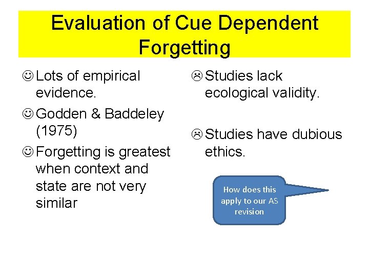 Evaluation of Cue Dependent Forgetting Lots of empirical evidence. Godden & Baddeley (1975) Forgetting