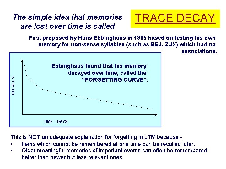 The simple idea that memories are lost over time is called TRACE DECAY RECALL