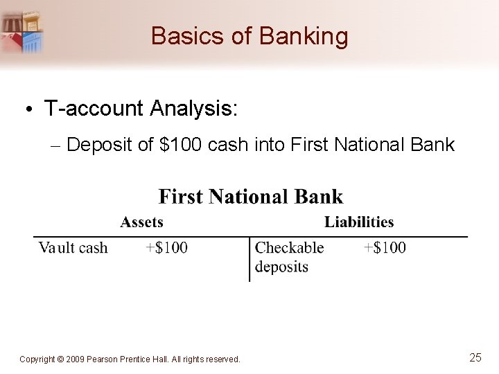 Basics of Banking • T-account Analysis: – Deposit of $100 cash into First National