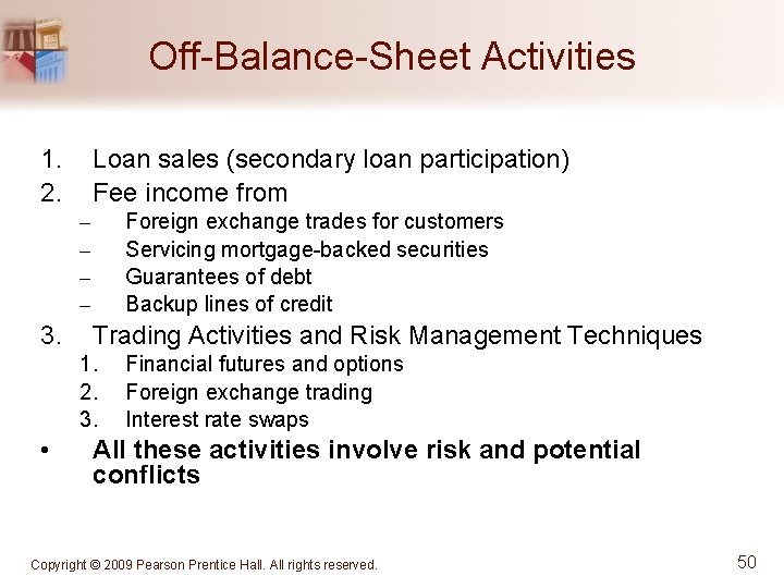 Off-Balance-Sheet Activities 1. 2. Loan sales (secondary loan participation) Fee income from – –