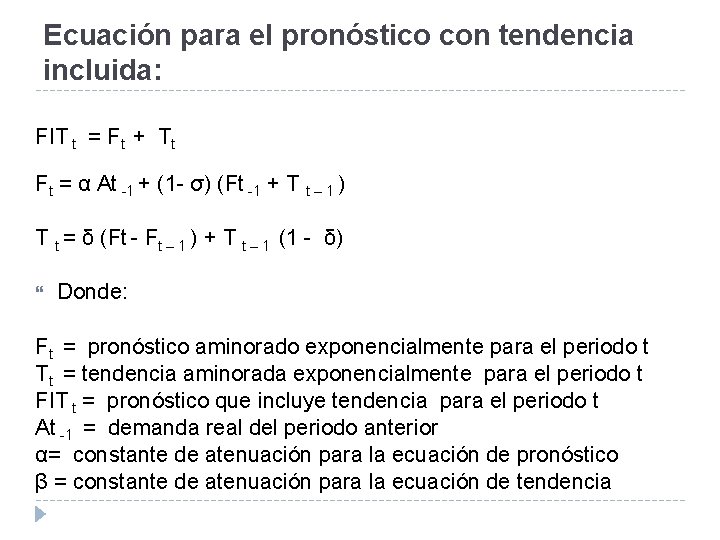 Ecuación para el pronóstico con tendencia incluida: FIT t = Ft + Tt Ft