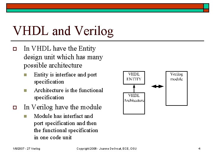 VHDL and Verilog o In VHDL have the Entity design unit which has many